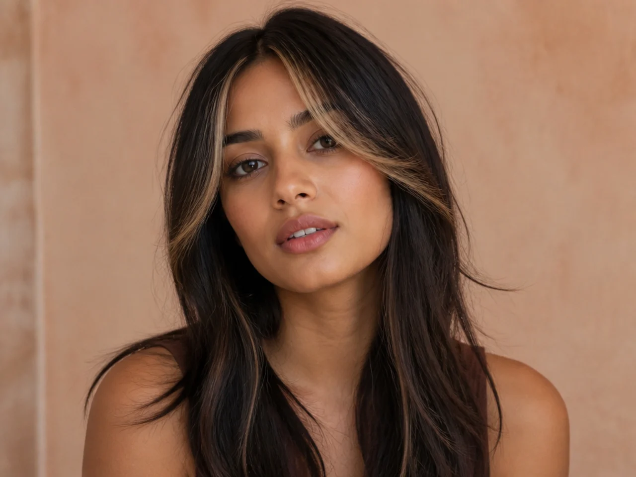 A fringe with two lightened money piece sections framing the face
