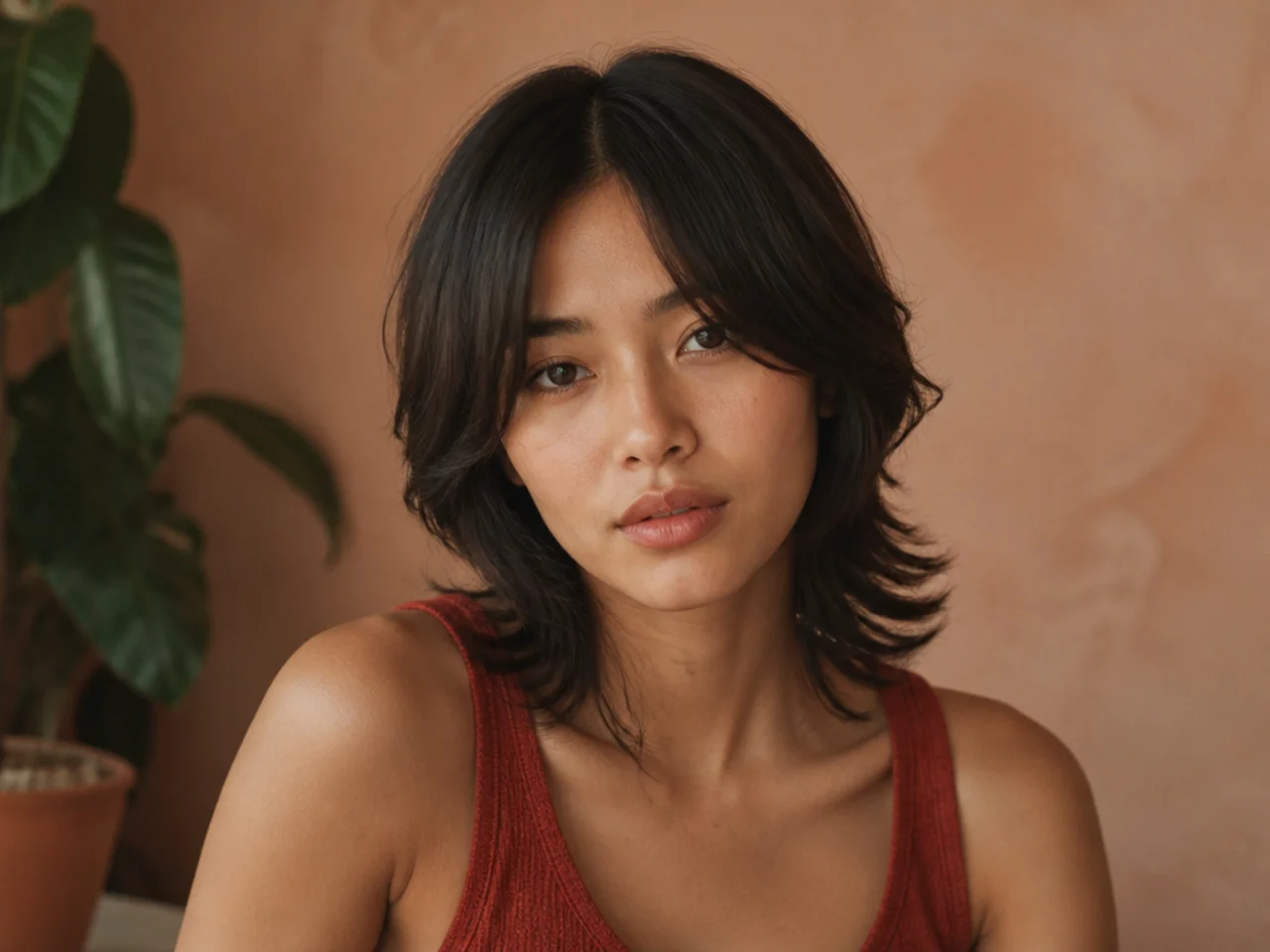A fringe parting down the centre into two halves on a short wolf cut