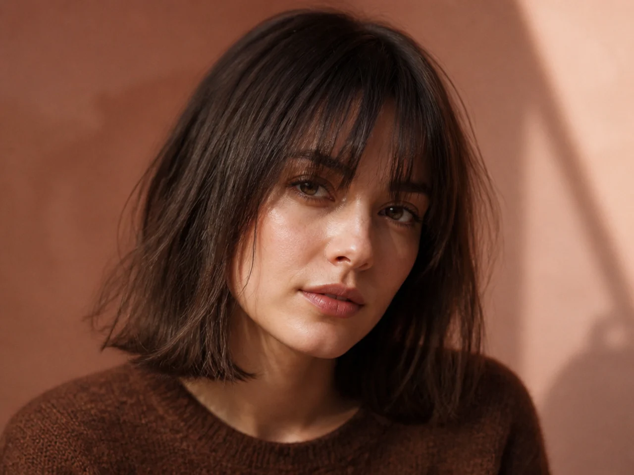 A wispy fringe above a blunt cut bottom edge on shoulder skimming fine hair