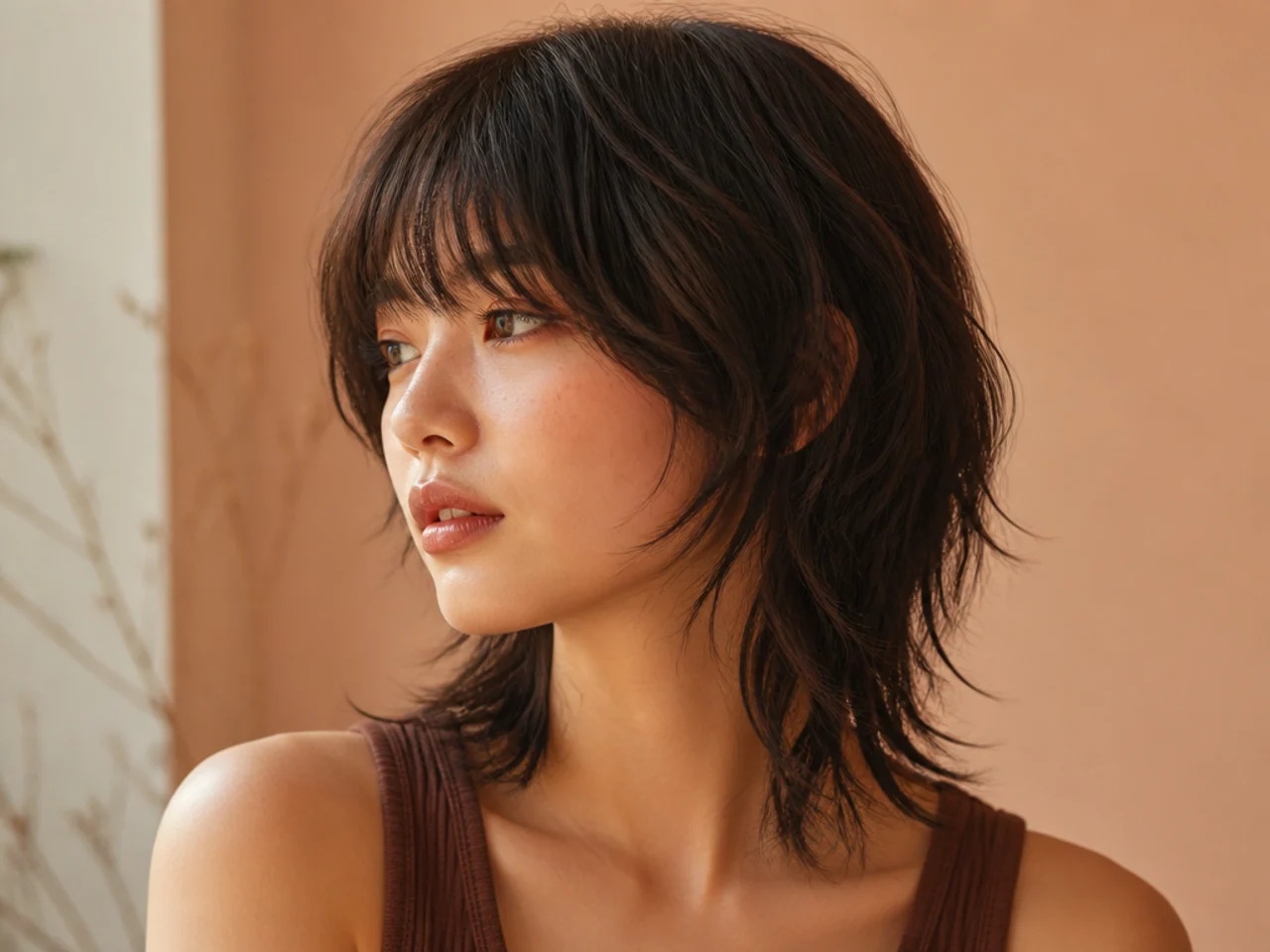 A long fringe cut to the outer corner of the eye on a short wolf cut