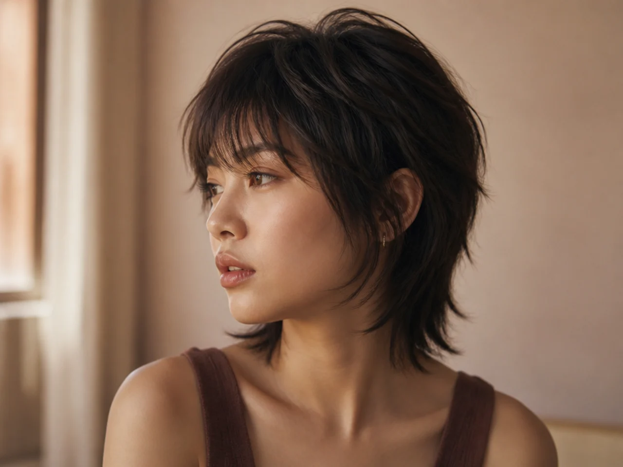Lifted crown layers above a soft fringe on a short fine haired wolf cut