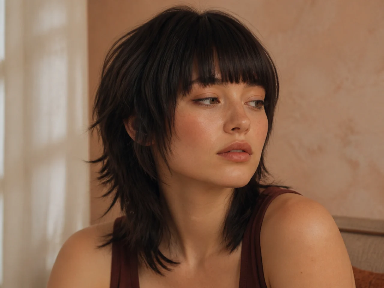 A full blunt fringe cut straight across the brow on a short layered wolf cut