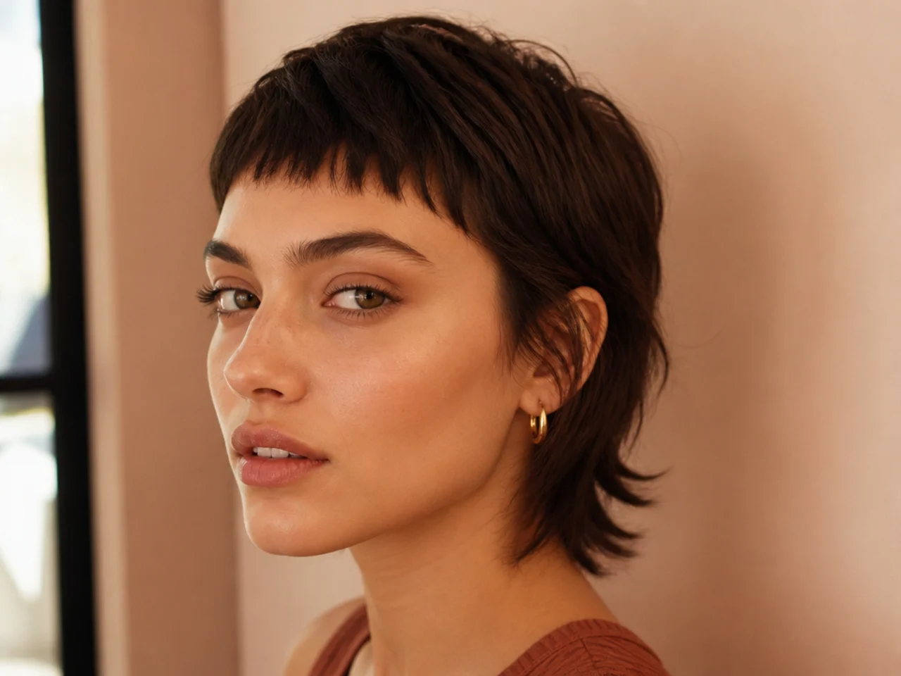 Very short baby bangs above the brow with a shaggy textured nape