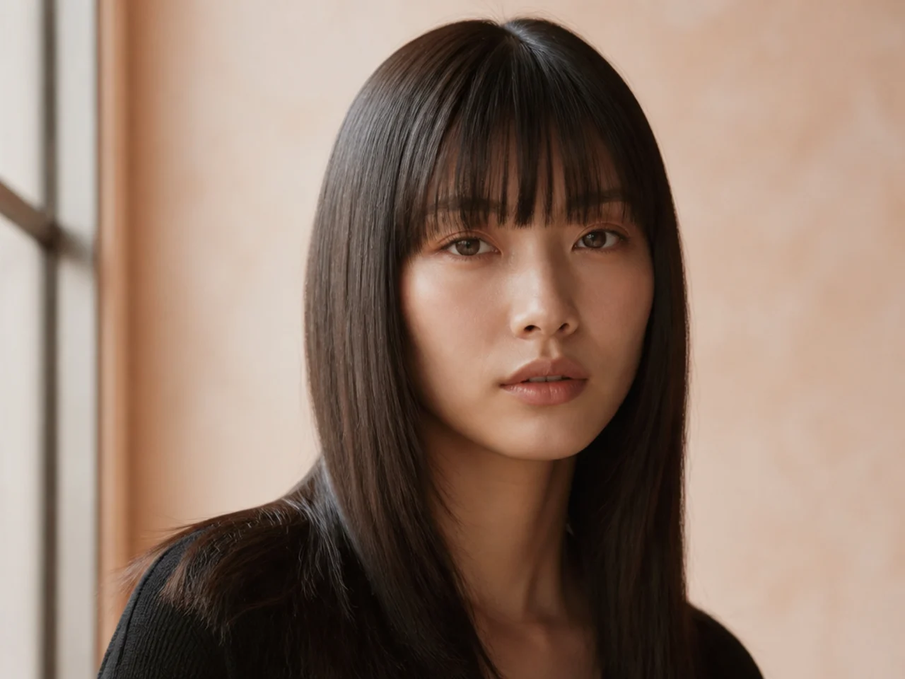 A straight fringe cut level with the eyebrows on fine straight hair