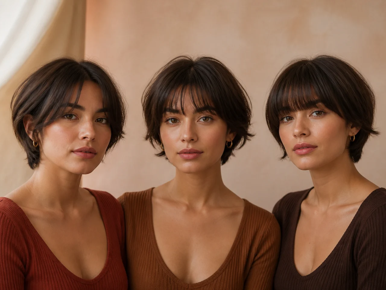 Three fringe lengths compared side by side on the same short layered cut