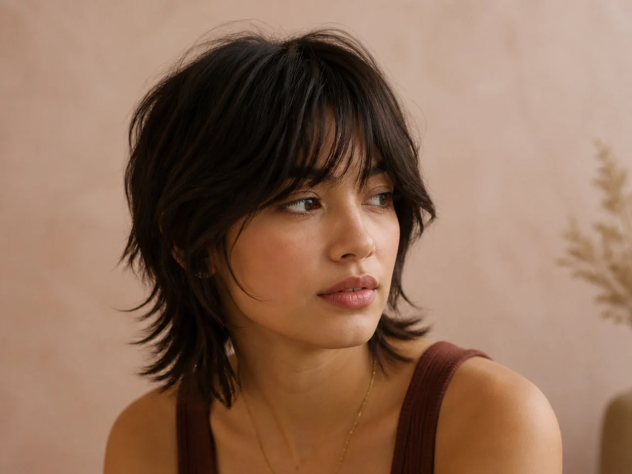 Three-quarter view of a short wolf cut with soft bangs on fine hair