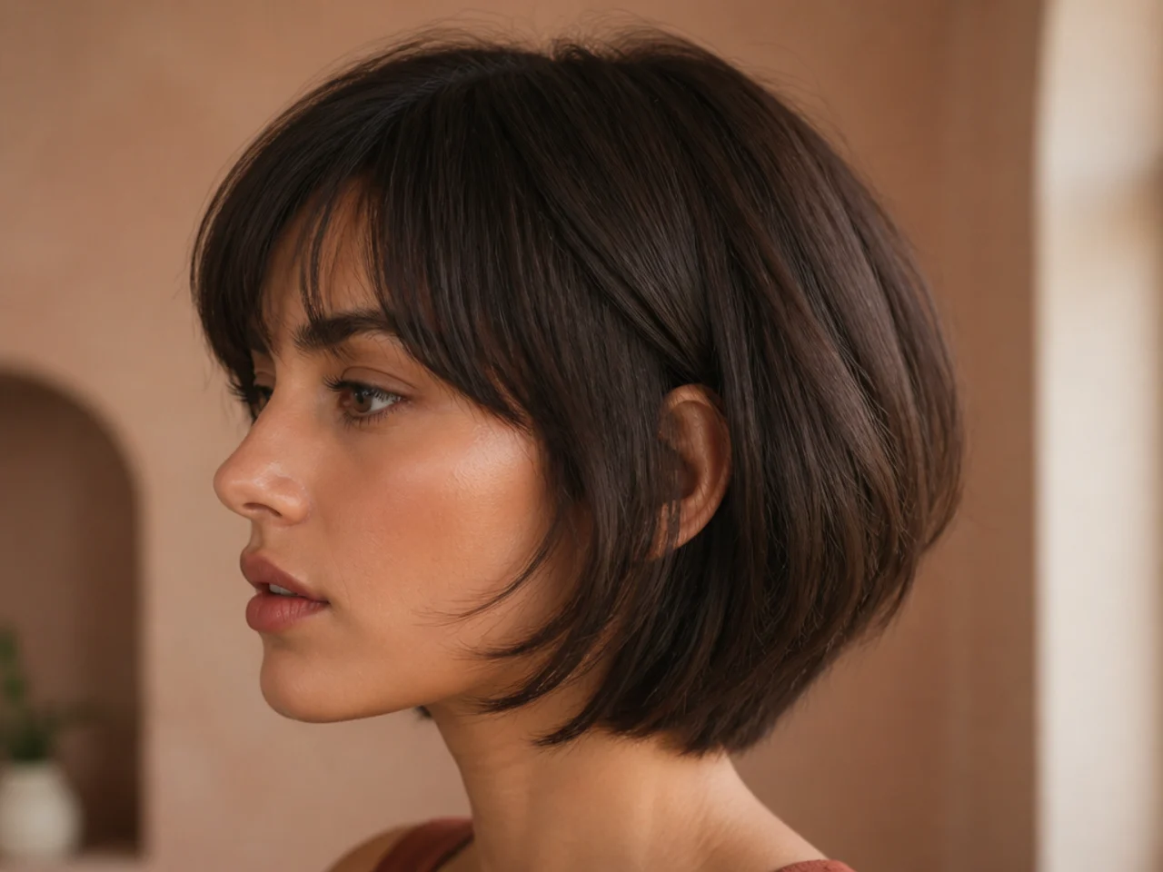 A visible step between a short crown layer and a fringe at the temple