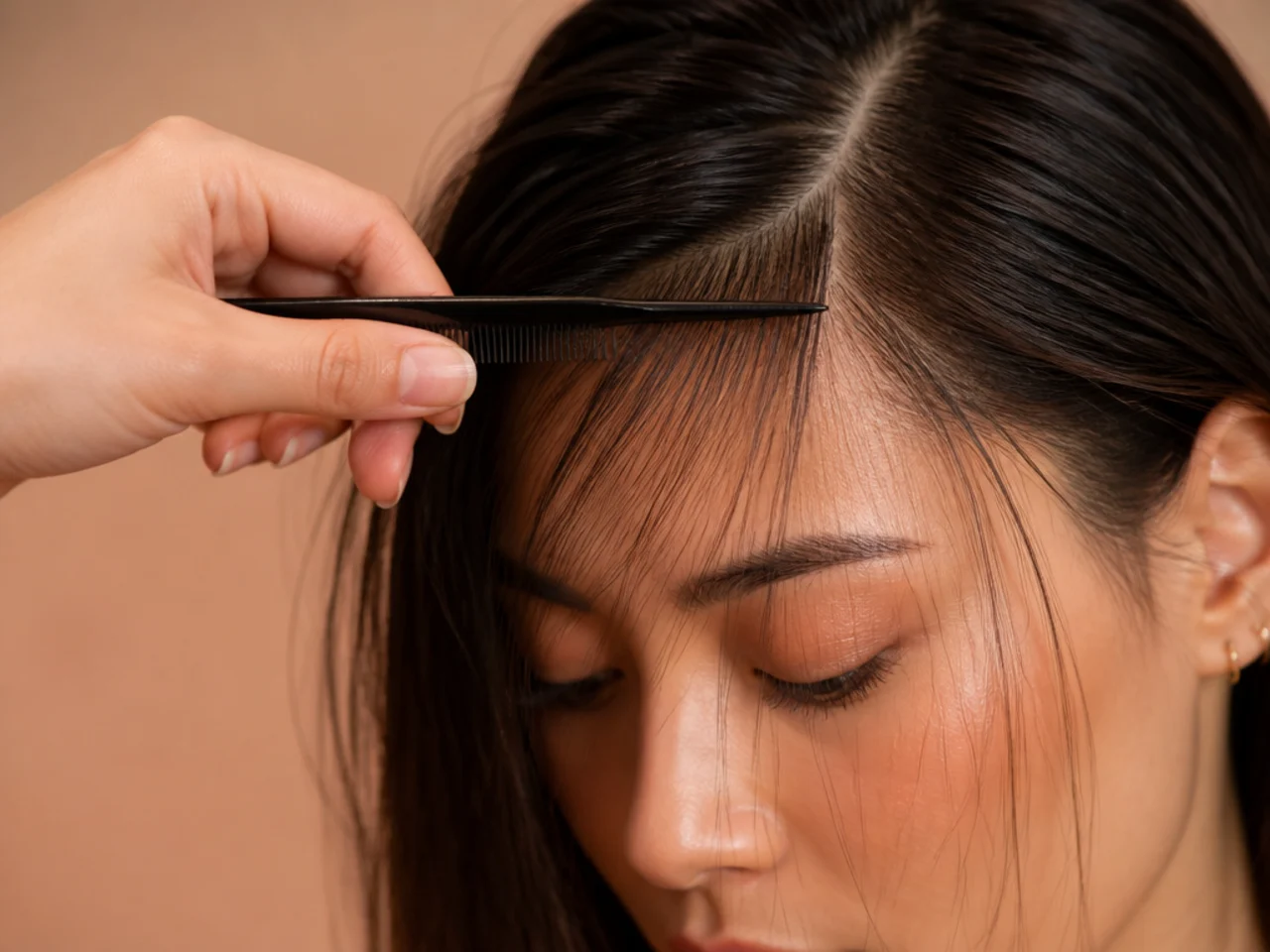 Close view of a shallow fringe section being separated at the hairline with a comb