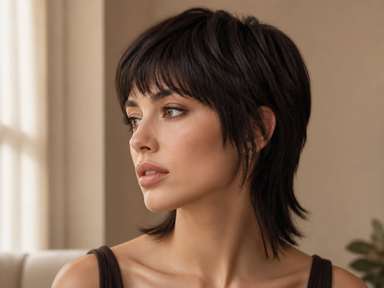 A straight short wolf cut with point cut layers