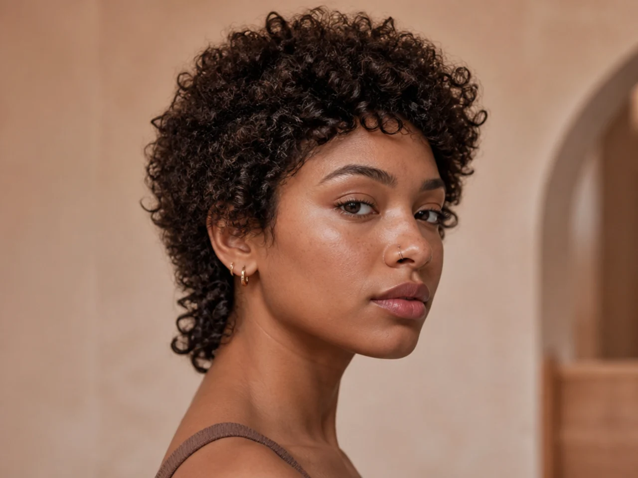 A coily short wolf cut shaped dry