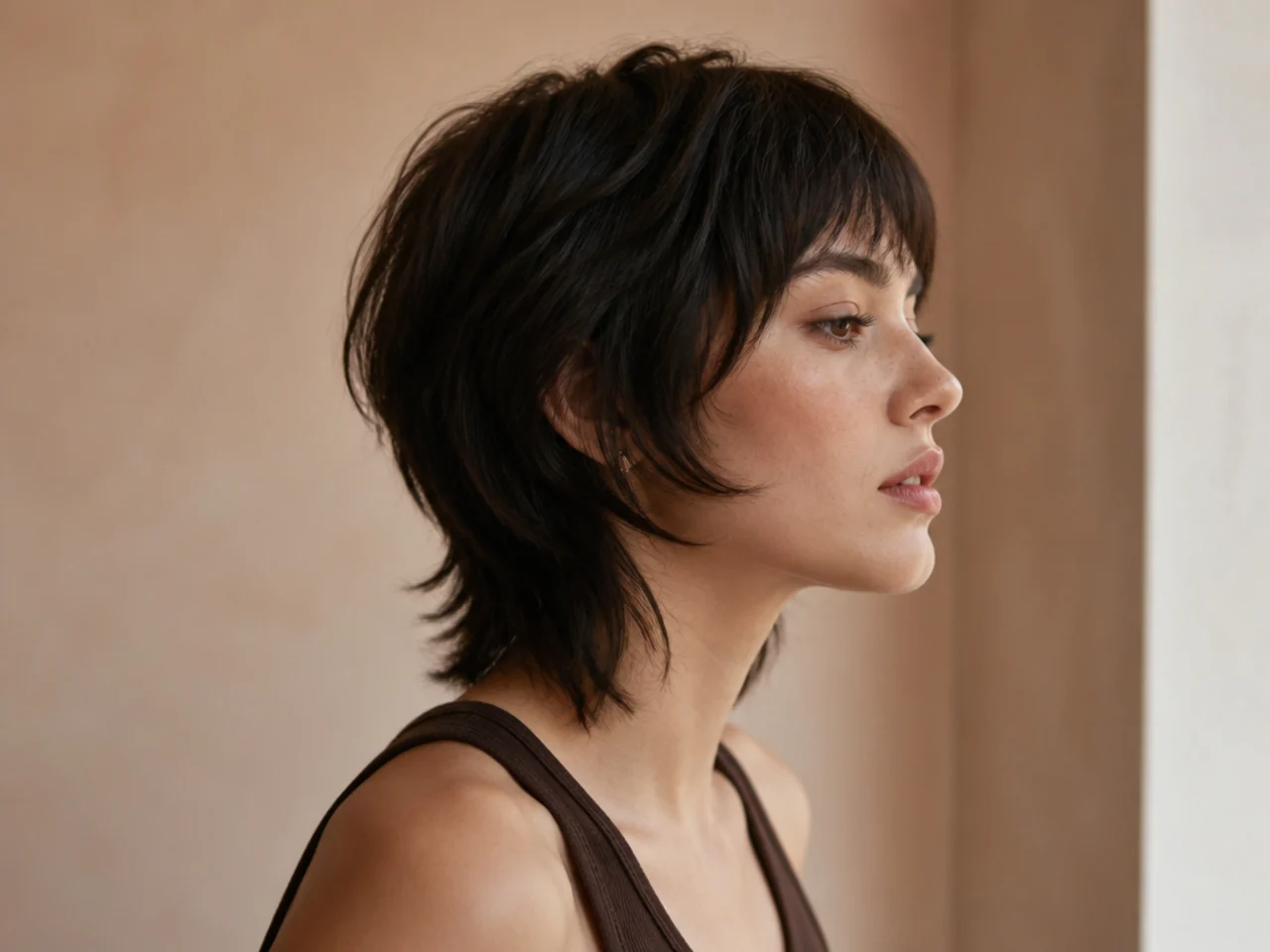 A short wolf cut on fine hair with a blunt outline