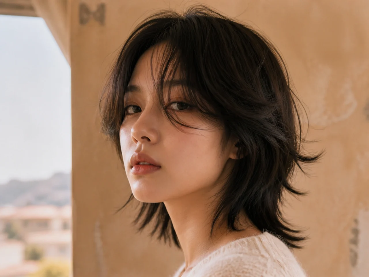 A Korean style short wolf cut with a heavy curtain fringe