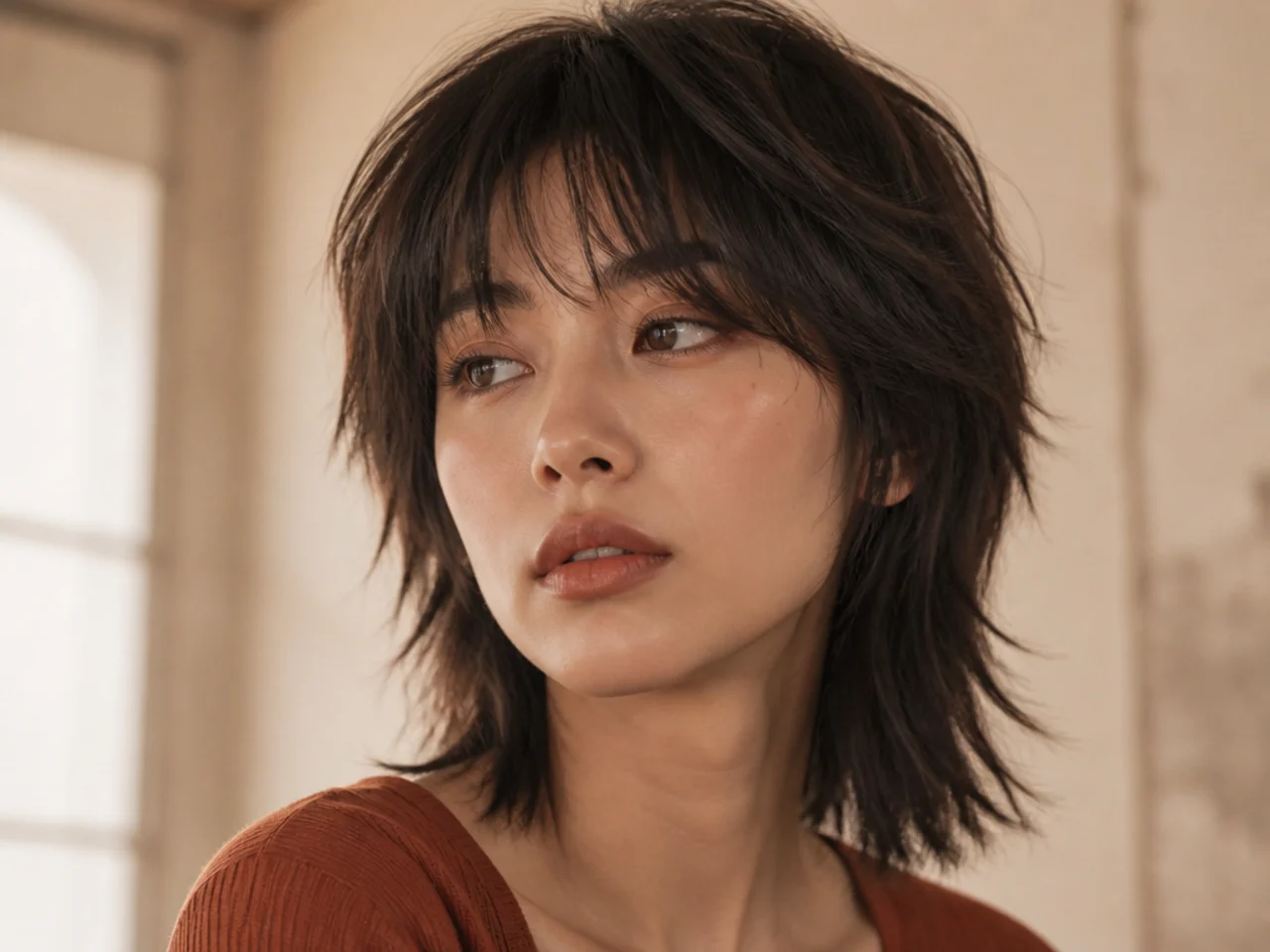 A short wolf cut with a blunt cut perimeter