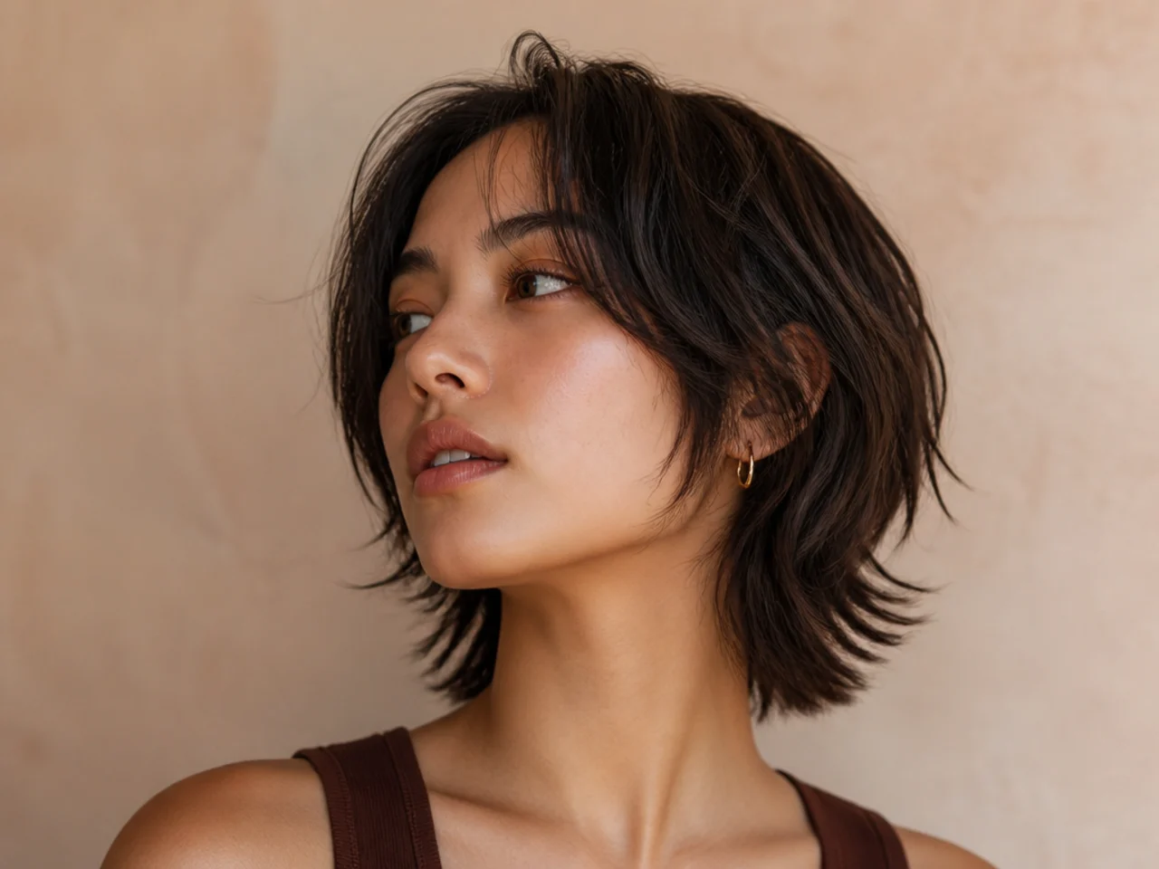 A chin length wolf cut with compressed layering