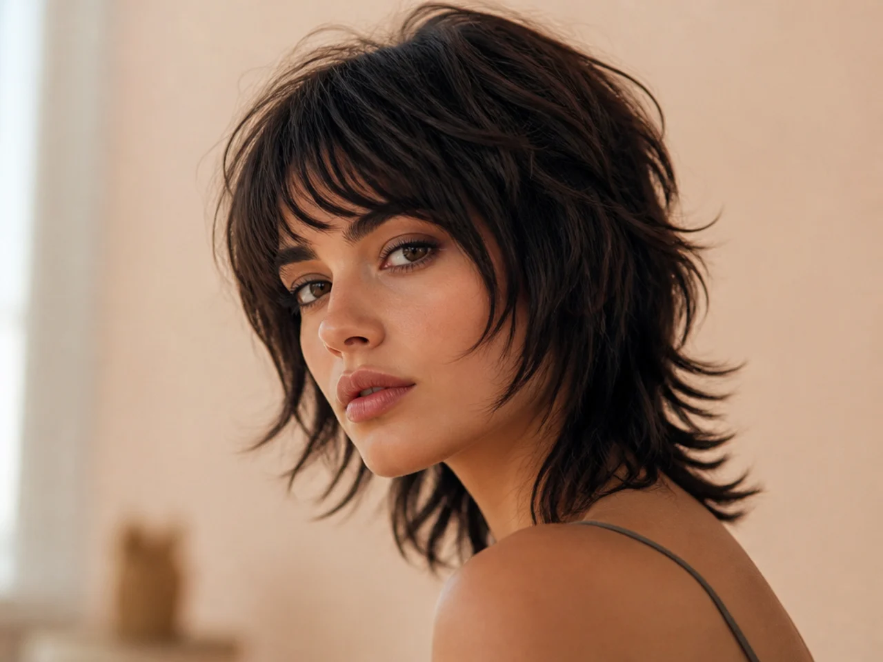 A short wolf cut with cheekbone length face framing pieces