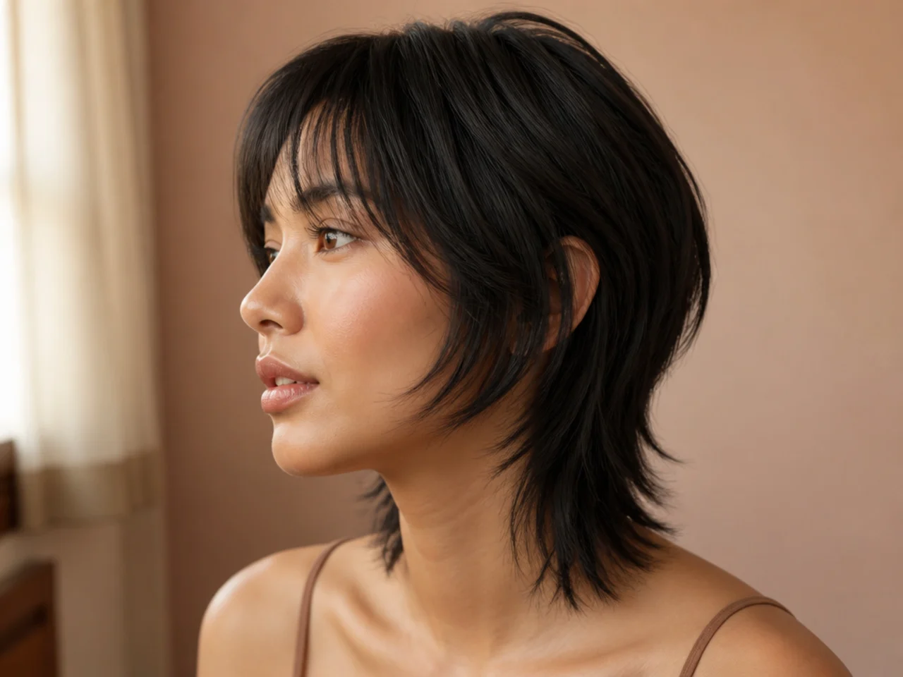 A sleek smoothed short wolf cut