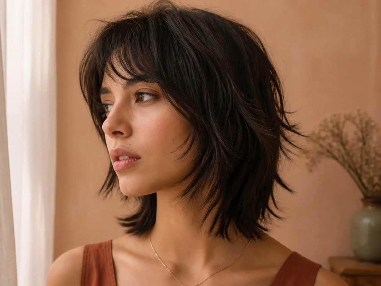 A wolf cut bob with a blunt perimeter and layered interior