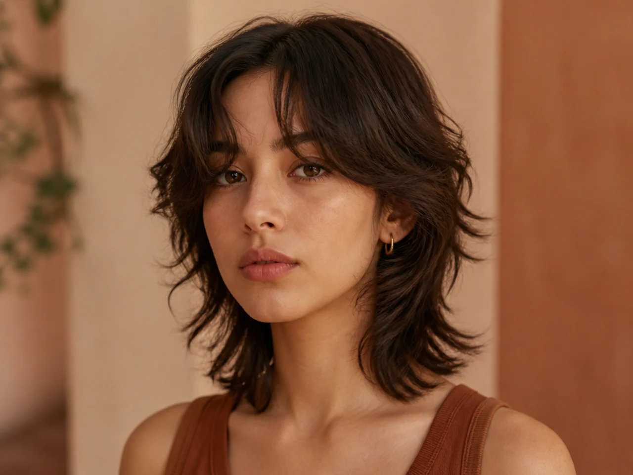 A short wolf cut with centre split curtain bangs