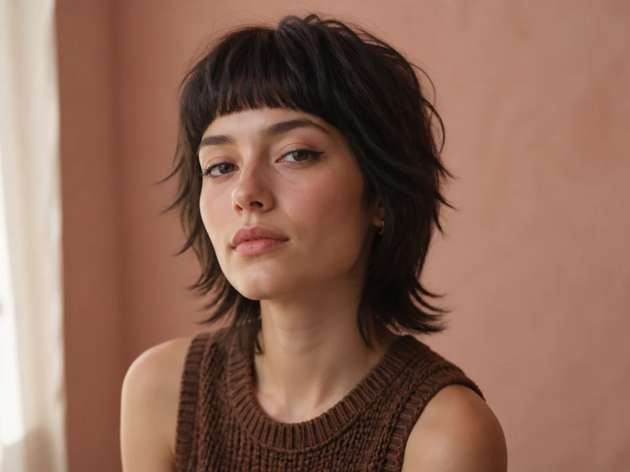 A short wolf cut with a blunt fringe at the brow