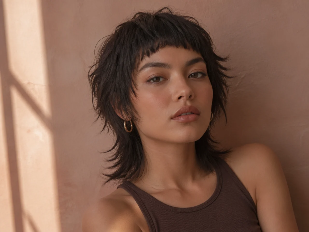 A short wolf cut with a micro fringe above the brow