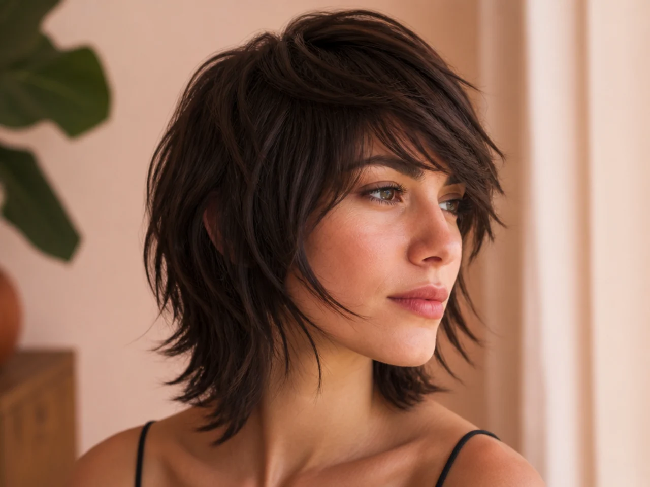 A short wolf cut with a diagonal side swept fringe