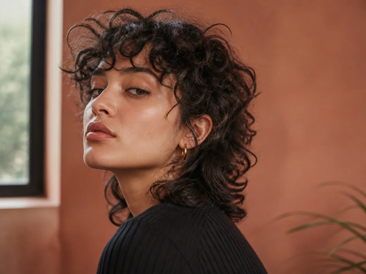 A curly short wolf cut cut dry