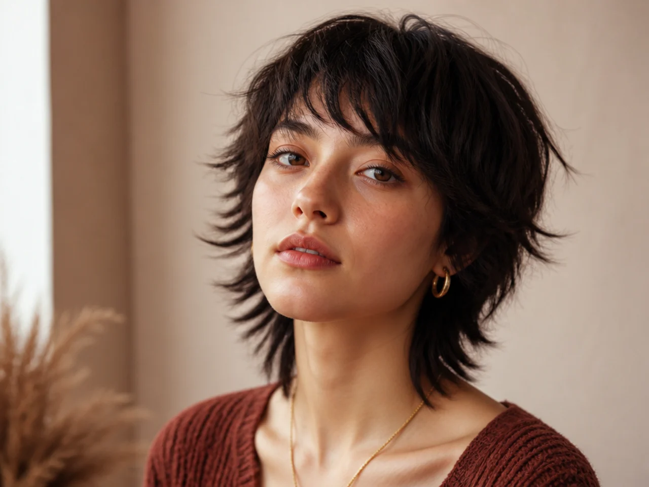 A short wolf cut widened at the ears by over layering