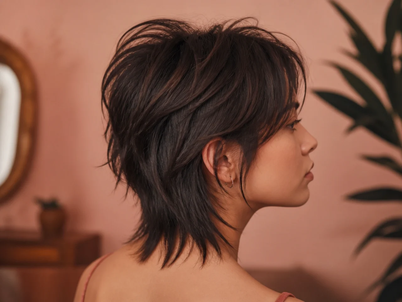 Side view of a short wolf cut showing the layer stack at the crown