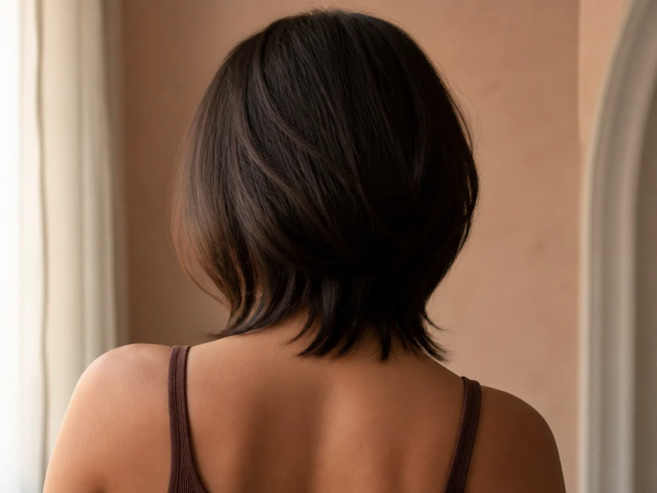 Back view of a disconnected step at the nape of a shoulder length cut