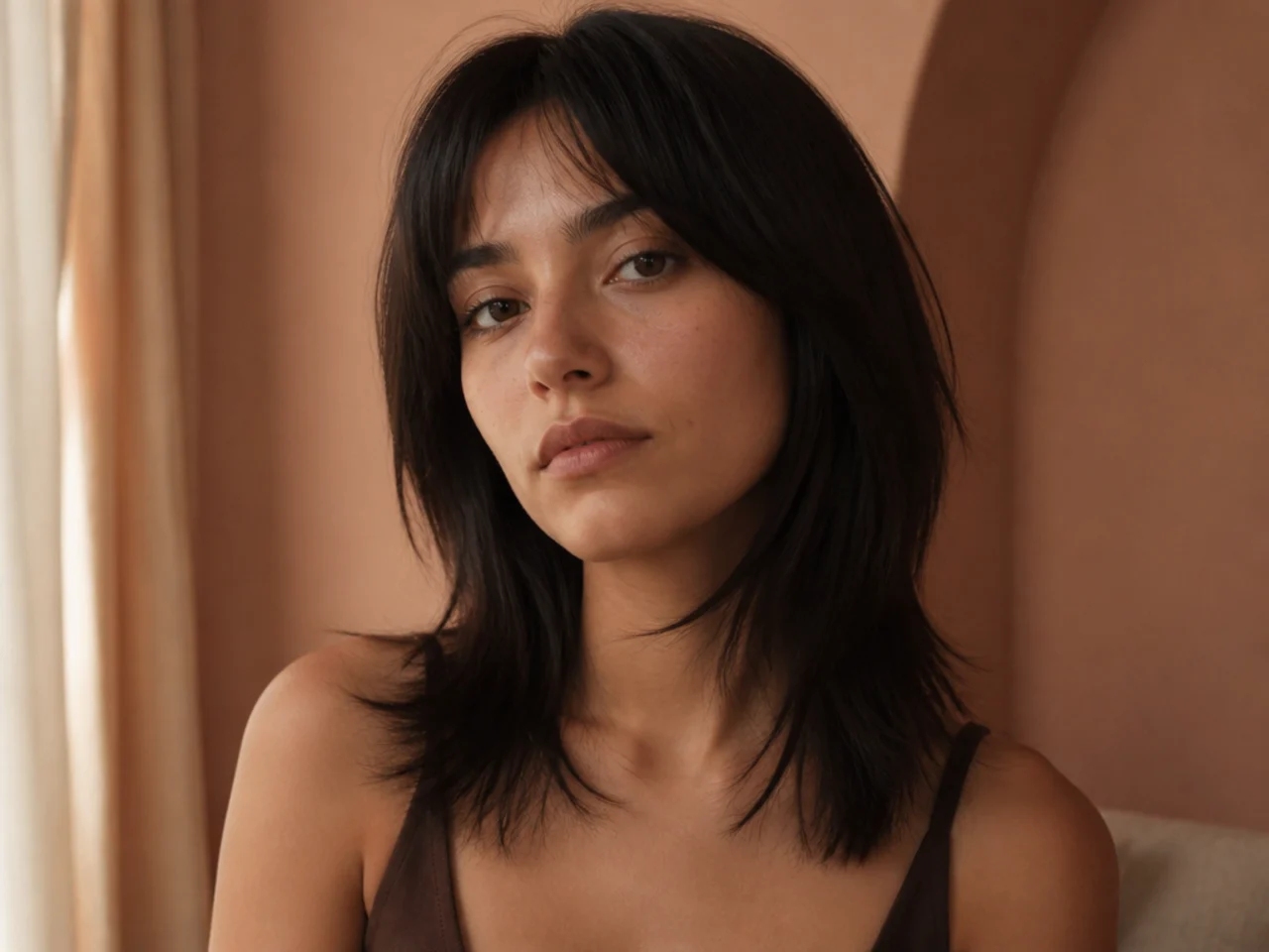 Straight hair in a shoulder length wolf cut with visible layer edges