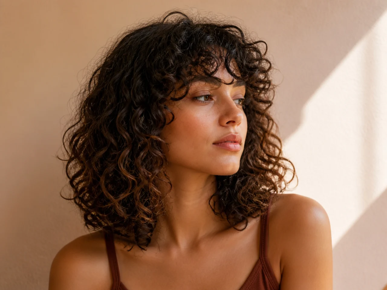 Defined curls in a layered shoulder length shape