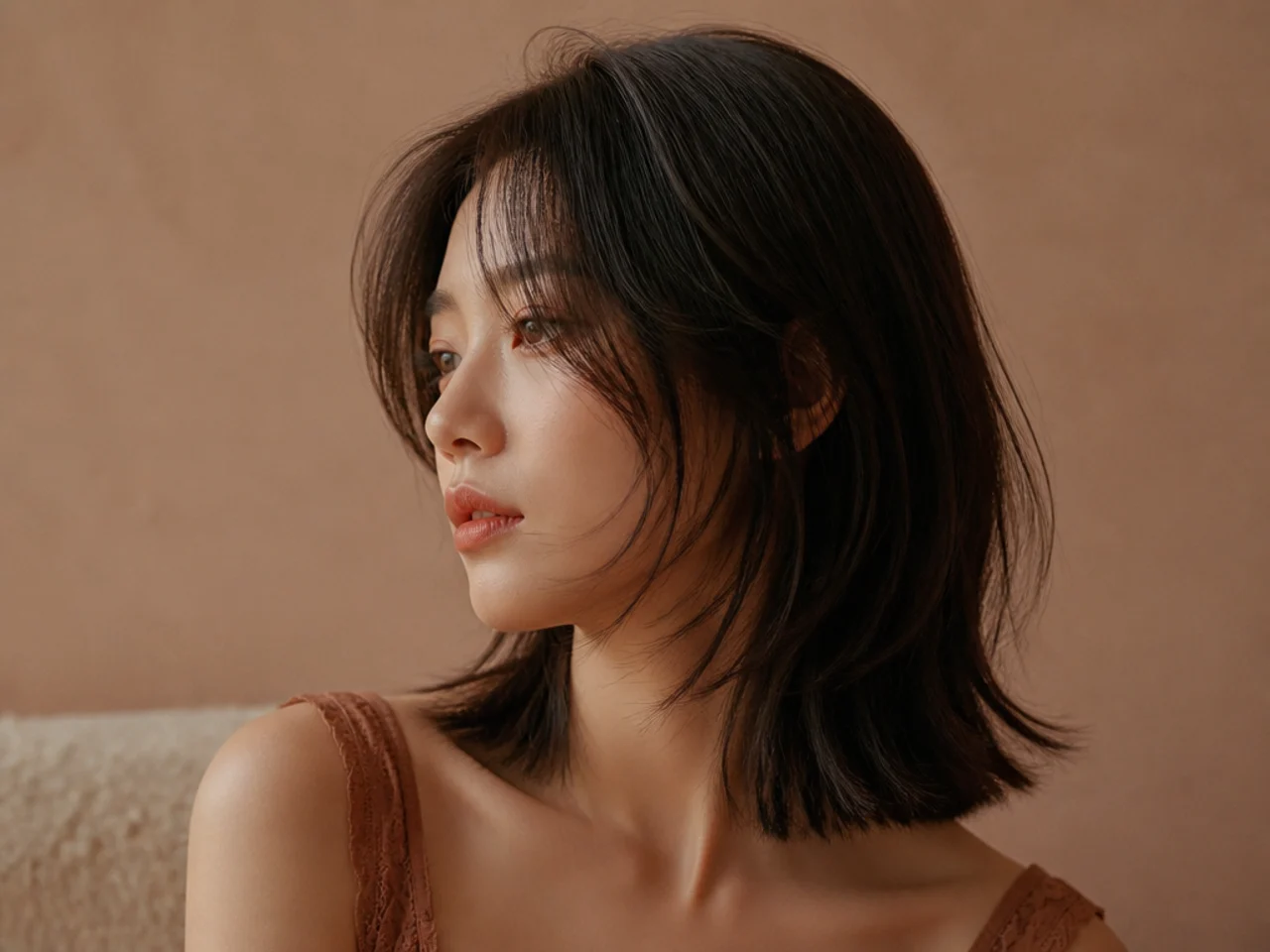 Fine hair in a shoulder length wolf cut with a solid hem