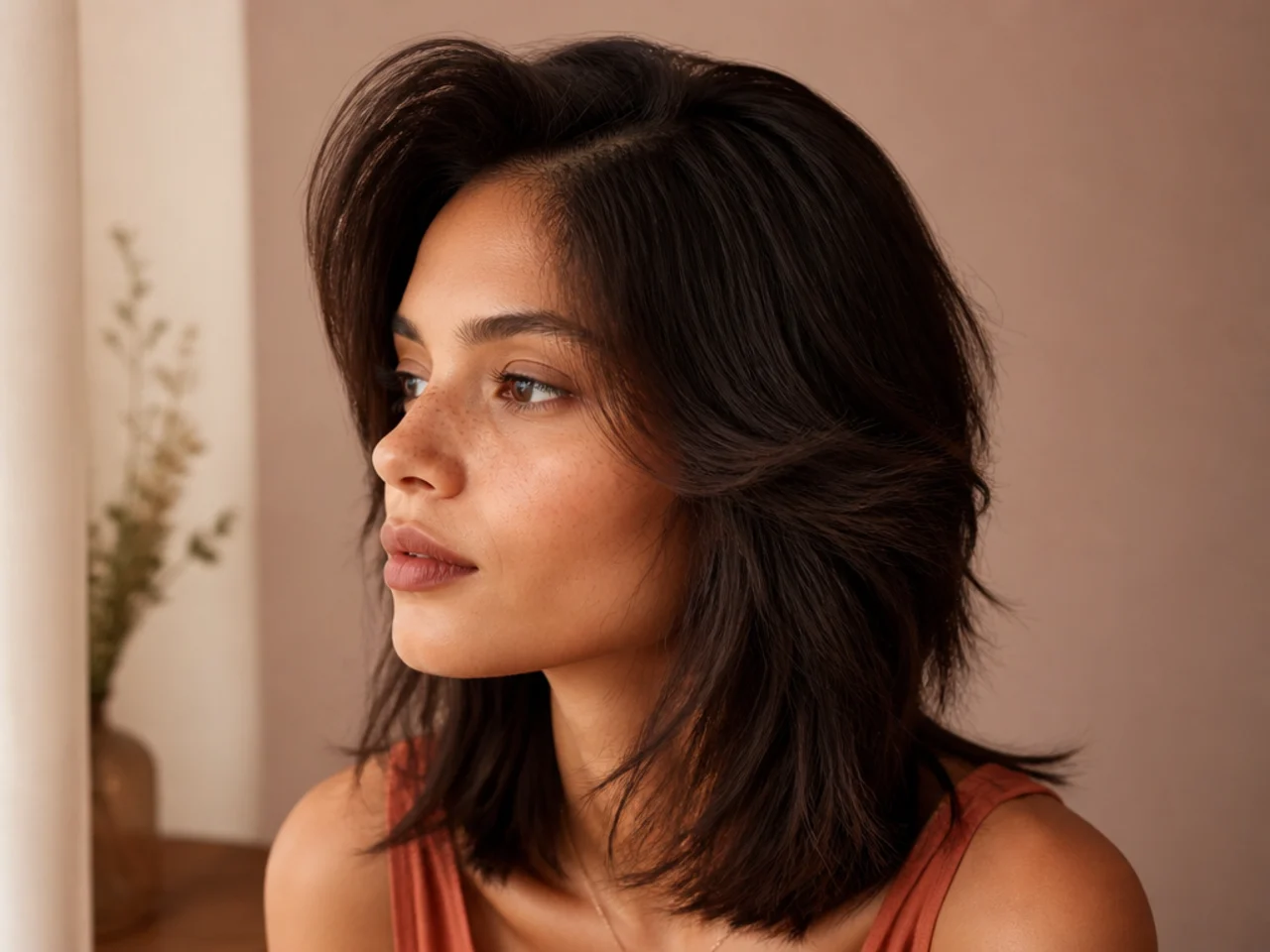 A deep side part lifting the crown of a shoulder length wolf cut