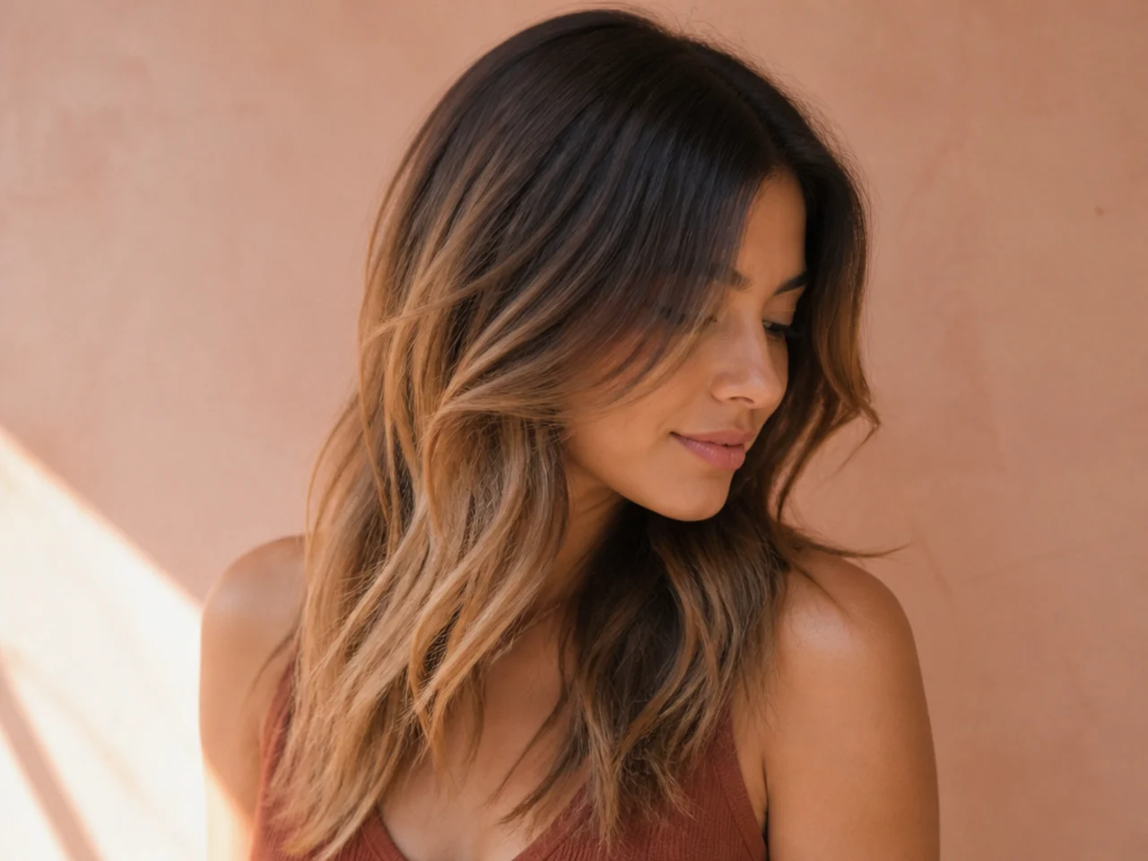 A darker root melting into lighter lengths on a layered cut