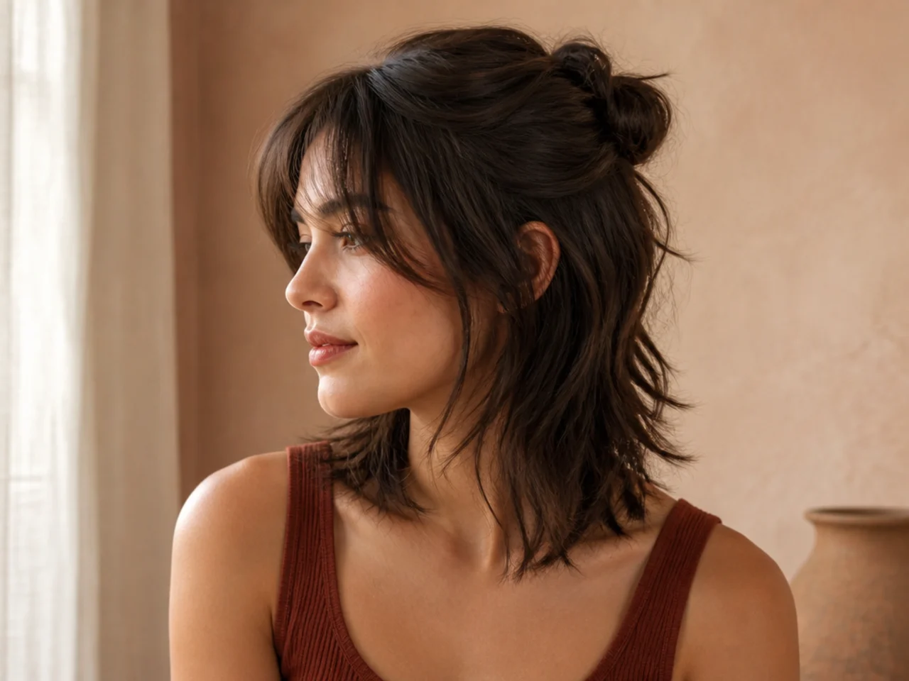 A half up style lifting the crown of a shoulder length wolf cut