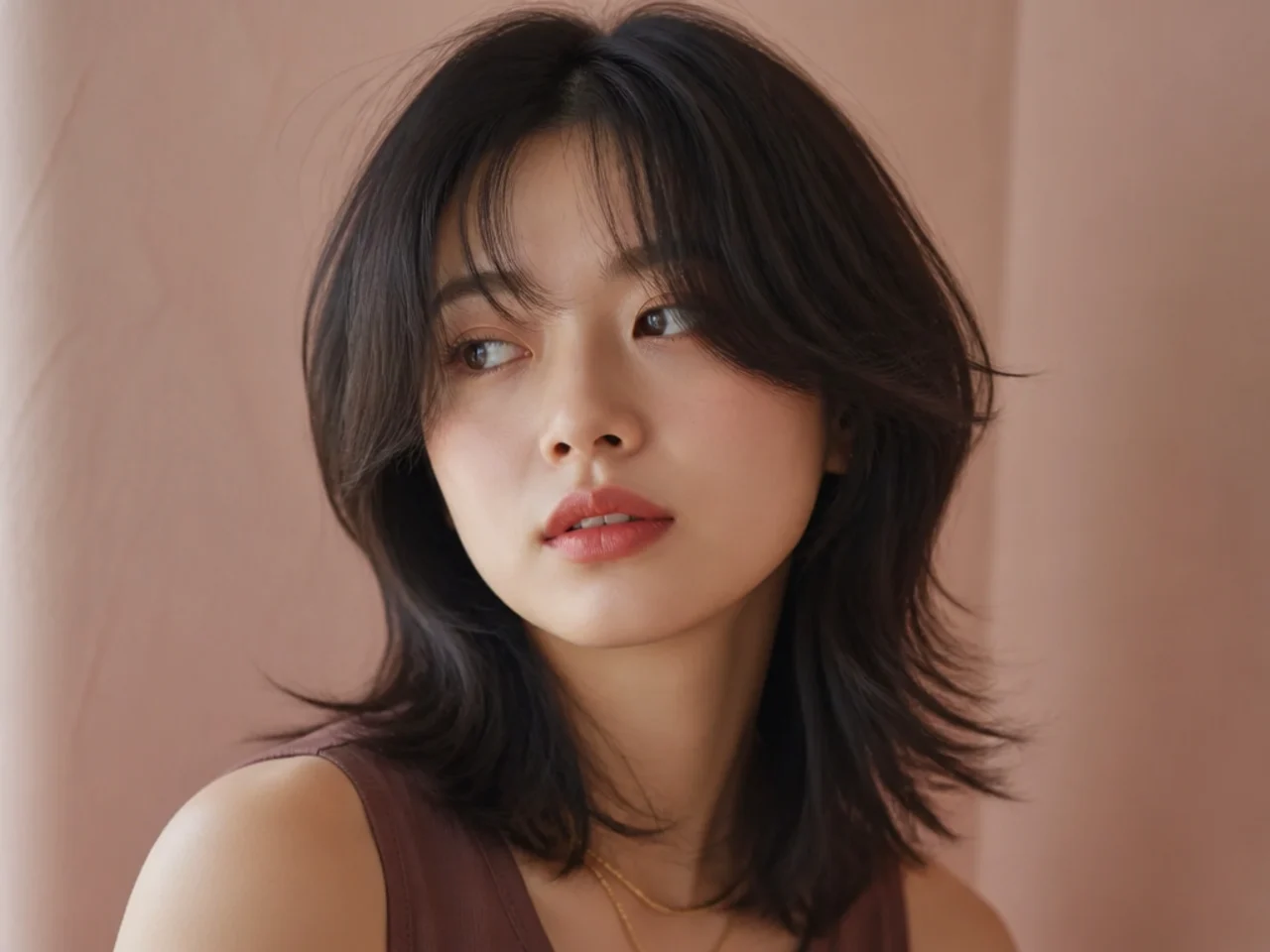 A shoulder length wolf cut with curtain bangs framing the face