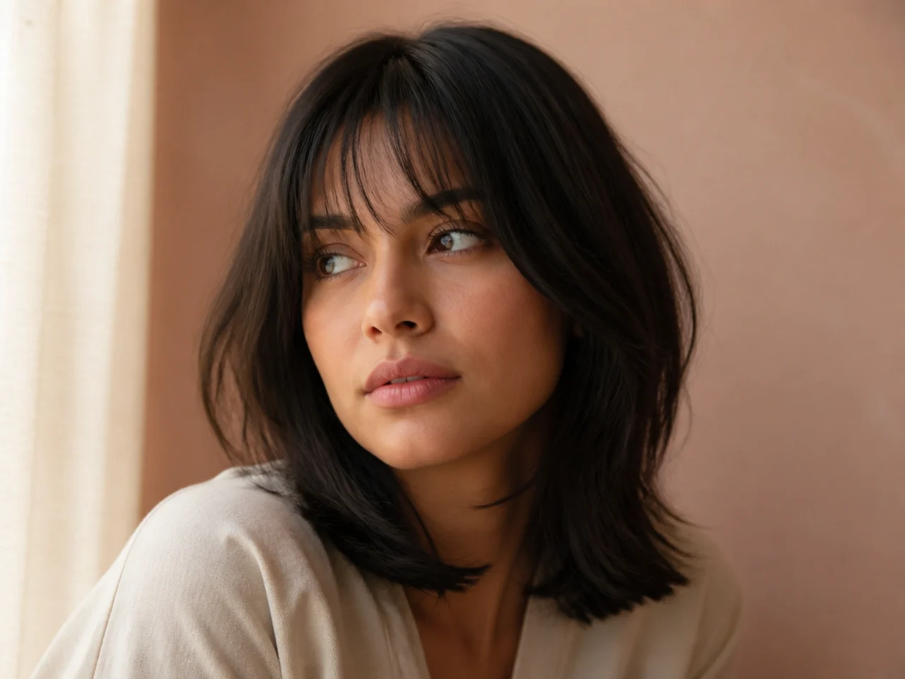 Fine wispy bangs above a shoulder length layered cut