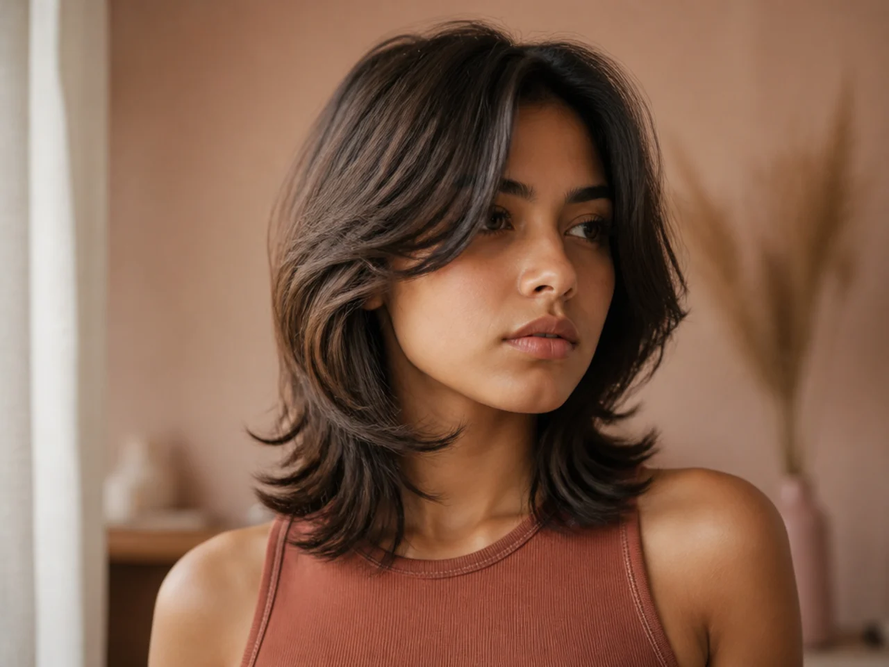A shoulder length wolf cut with no fringe and face framing layers