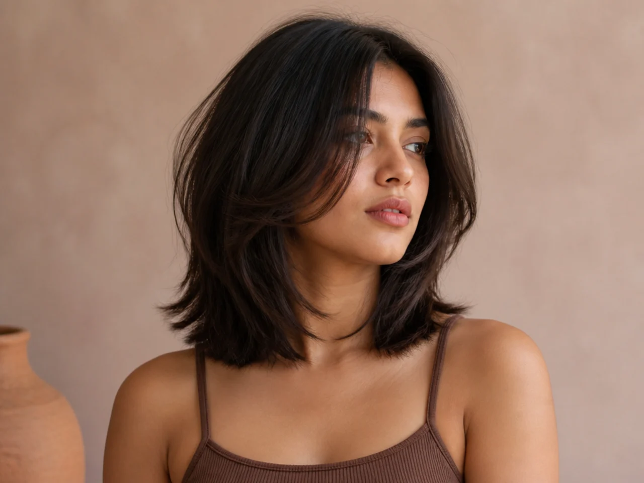 A blunt hem under a heavily layered shoulder length cut