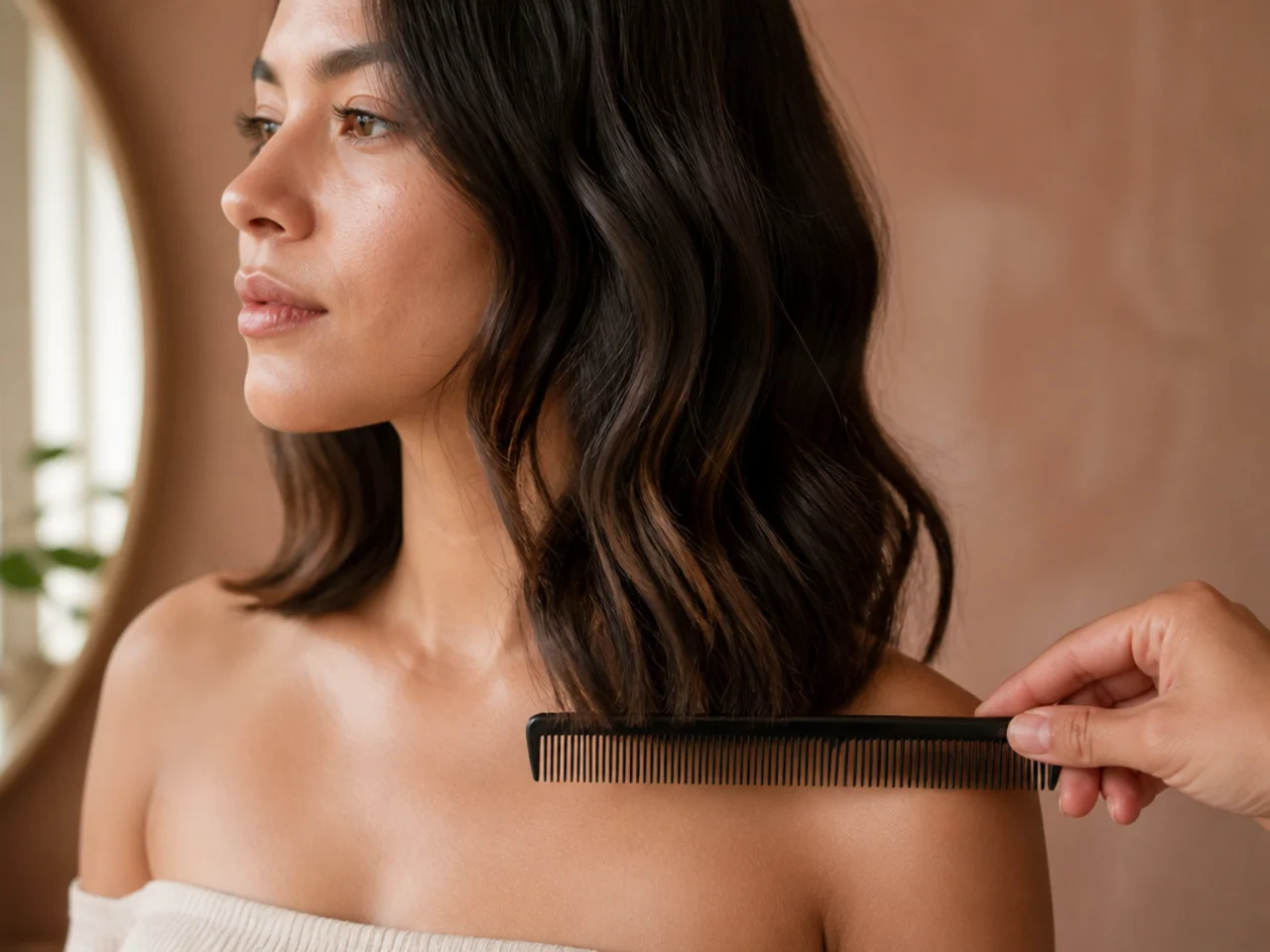 A comb measuring hair length against the shoulder line