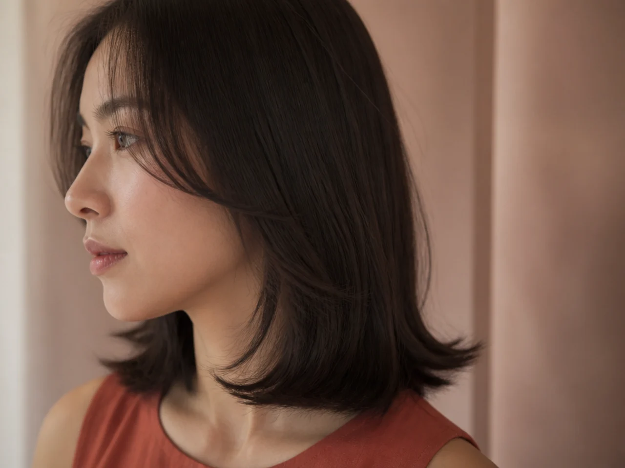 Side view showing hair ends deflected upward where they meet the shoulder