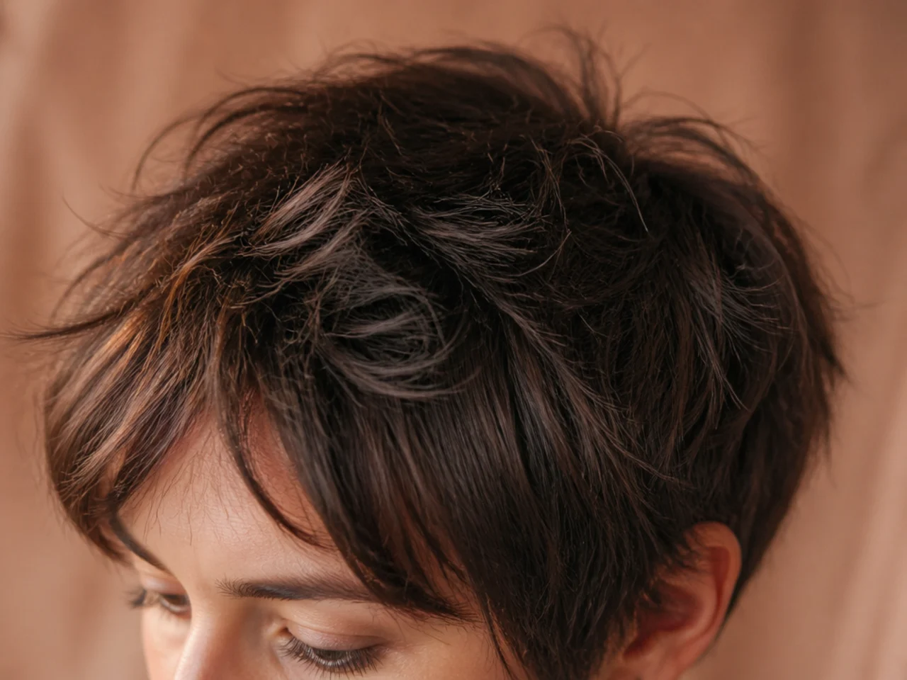 Close view of short crown layers with dry frayed ends