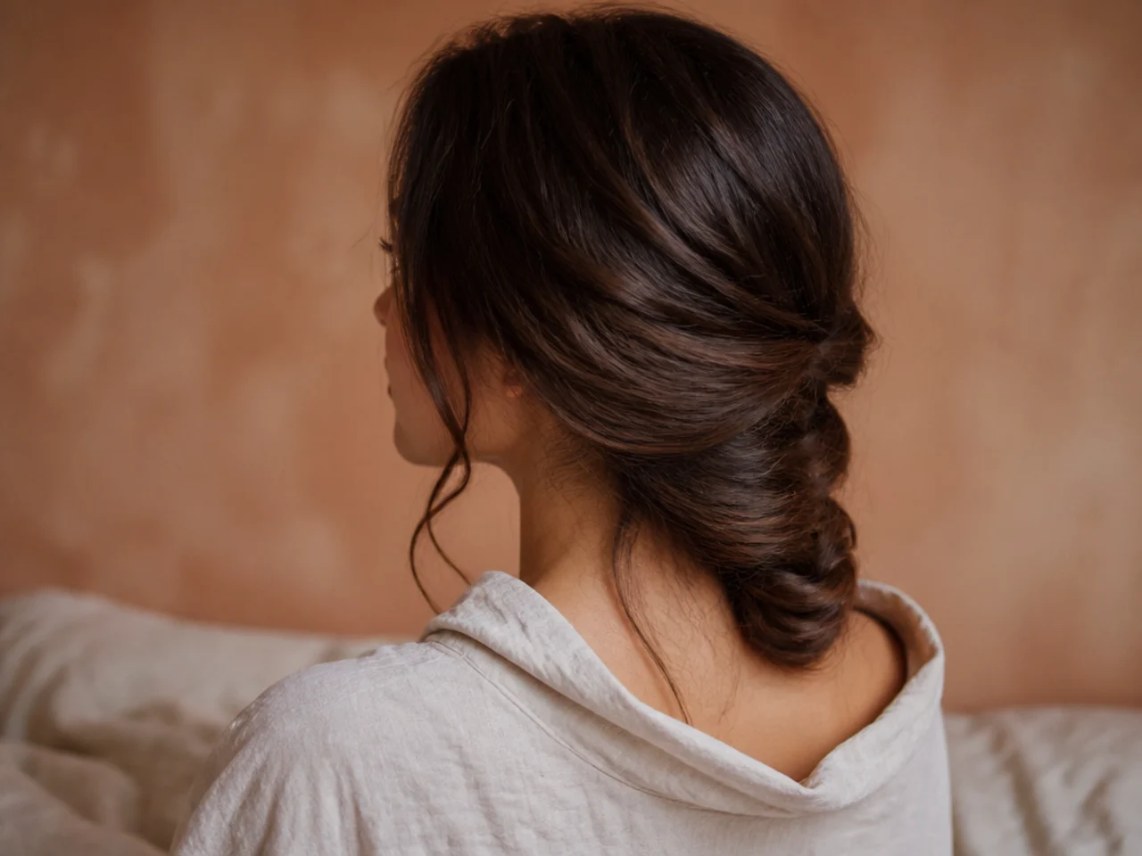 Long hair gathered into a loose low twist for sleeping