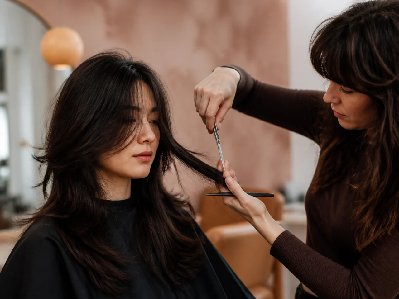 A stylist dry cutting layers into a long wolf cut section by section