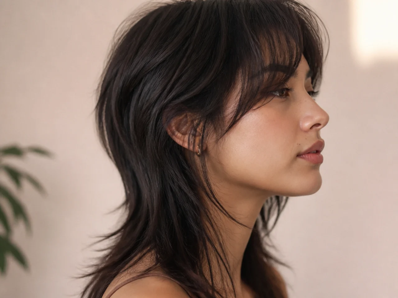 Close view of short crown layers sitting above longer lengths on a wolf cut