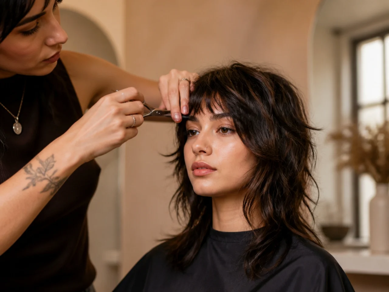 A wolf cut fringe being texturized with shears