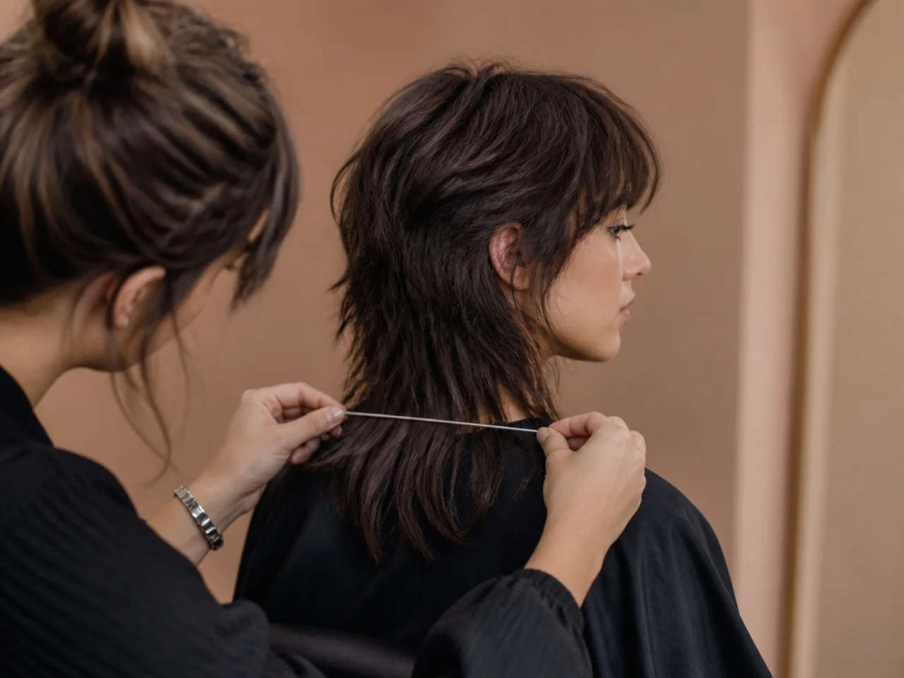 The perimeter length of a wolf cut being marked at the back