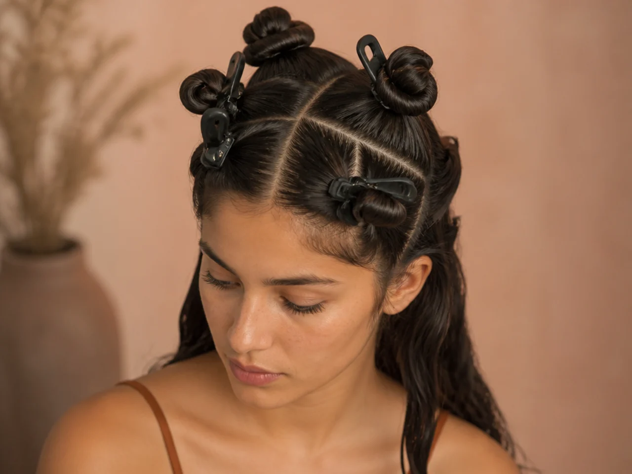 Hair sectioned into four quadrants with clips