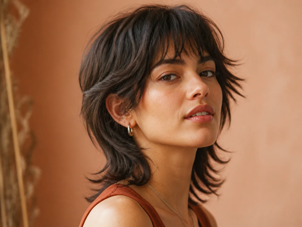 Three quarter view of a finished short wolf cut