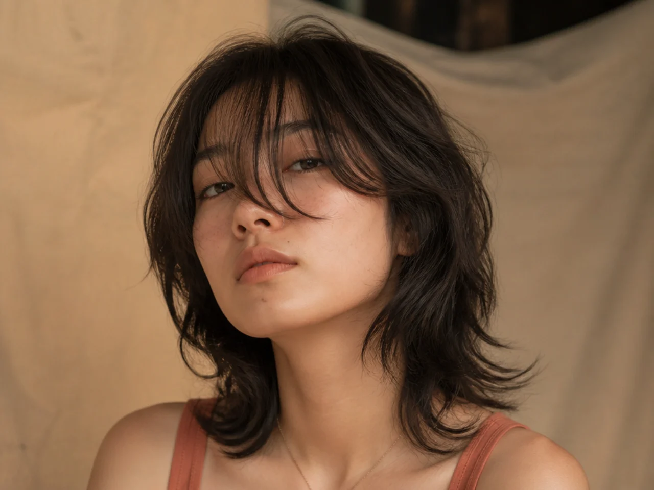 A curtain fringe on a wolf cut grown past the cheekbone and falling into the eyeline